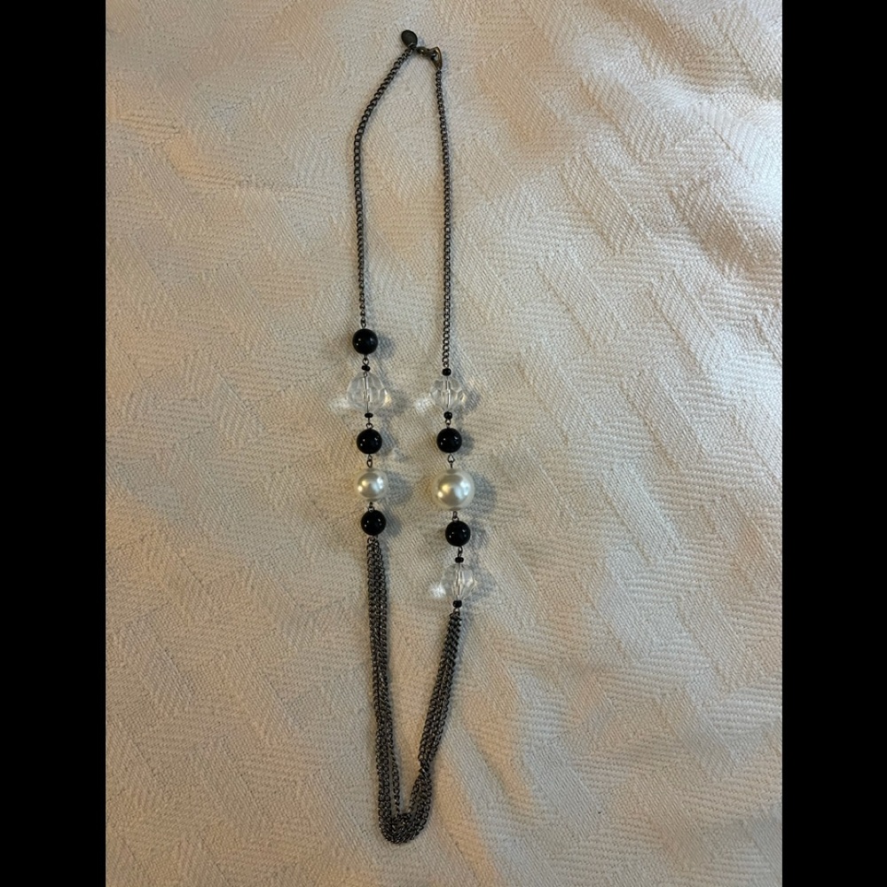 Pearl, Black, and Clear Bead Gunmetal 30” Necklace